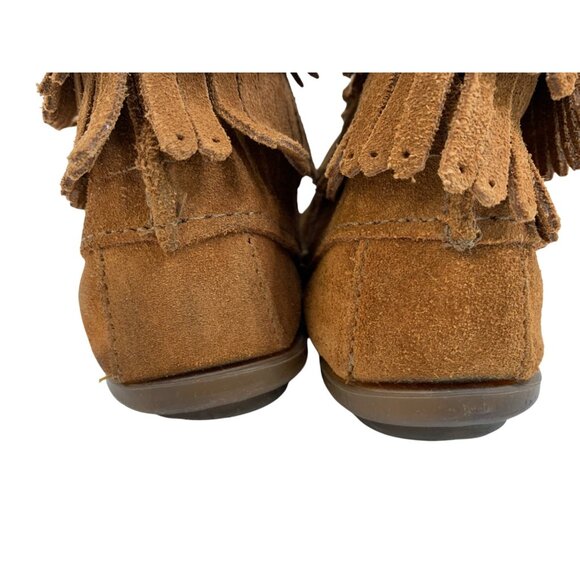 Minnetonka Sz 8 Womens Suede Fringe Moccasin Boots Tan Stud Zip Used - Picture 14 of 15